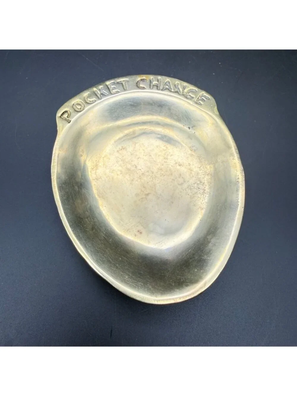Vtg MCM Solid Brass Pocket Change CHANCE Dish Tray Valet Catchall Rare Misprint